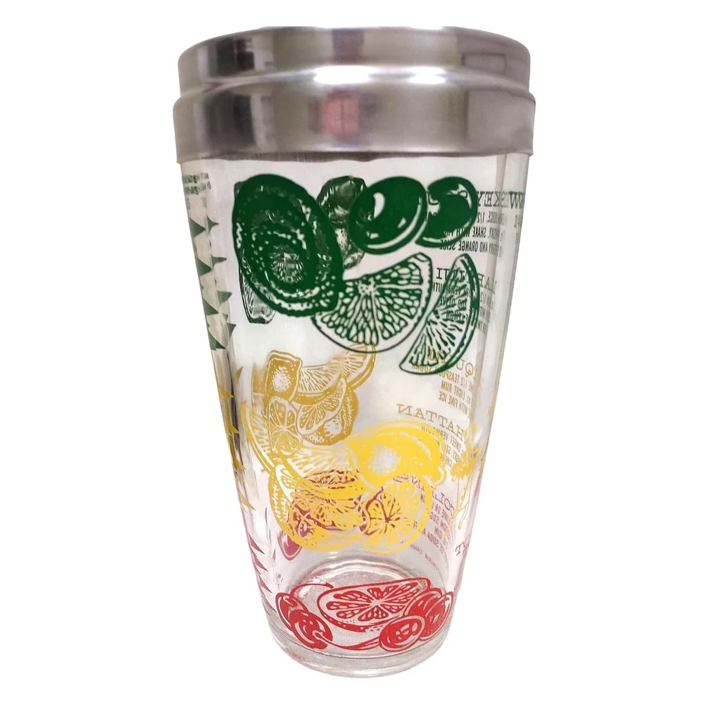 Mr Bartender Tom Collins Glass Cocktail Recipe Tumbler‎ with Strainer Top Vtg